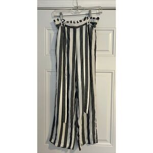American Eagle Women's Size Medium Black White Stripe Paper Bag Tie Waist Pants